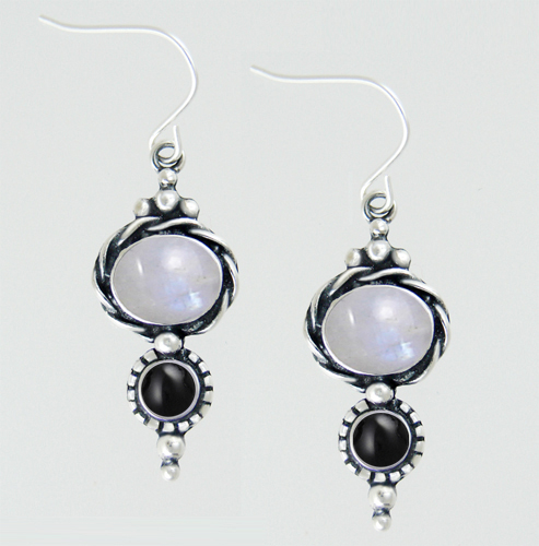 Sterling Silver Drop Dangle Earrings With Rainbow Moonstone And Black Onyx